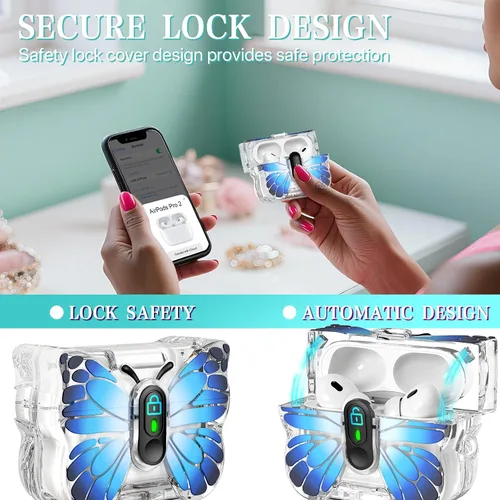 Vista 2 de R-fun Funda para AirPods Pro 2 Butterfly Artistry - Tapa desplegable automática y función de soporte, protección de grado militar de 360° con Negro