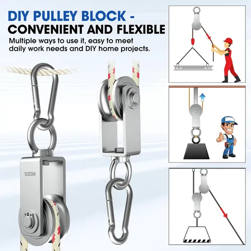 Vista 5 de Bloque de polea giratoria tipo U, poleas de acero inoxidable 304 para elevación de cable de cuerda de alambre, parte de equipo de gimnasio DIY