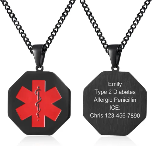 Vista 60 de VNOX Collar con colgante personalizado de acero inoxidable con grabado personalizado para identificación de alerta médica de emergencia para hombres