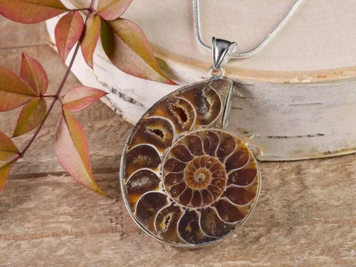 Vista 5 de gemhub Collar con colgante de plata de ley 925 de caracol fósil de amonita de piedra natural para mujeres y hombres, regalo del día de San Valentín