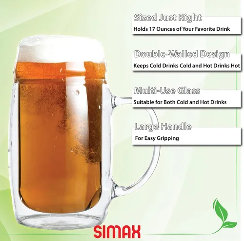 Vista 2 de SIMAX Vasos de cerveza aislados de doble pared, congelables, 17 onzas, tazas de cerveza congelada para hombre con asas (1)