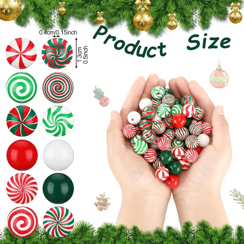 Vista 2 de 180 cuentas de madera de Navidad, cuentas de madera de bastón de caramelo, cuentas de madera de remolino para manualidades, cuentas de caramelo