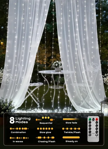 Vista 3 de Brightown - Cadena de luces para cortina, luces de hadas colgantes con control remoto, 8 modos, luces de ventana impermeables para telón de fondo
