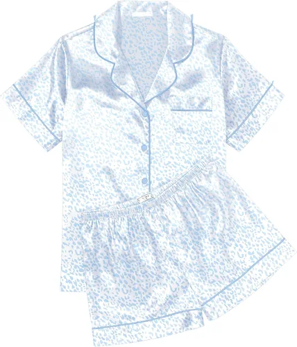Vista 29 de Ekouaer Conjunto de pijama de satén de seda para mujer, suave, de manga corta, con botones, ropa para dormir, camiseta y pantalones cortos, juego