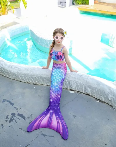 Vista 4 de DNFUN Traje de baño de sirena de 3 piezas para niñas, con cola de sirena, sin monoaleta