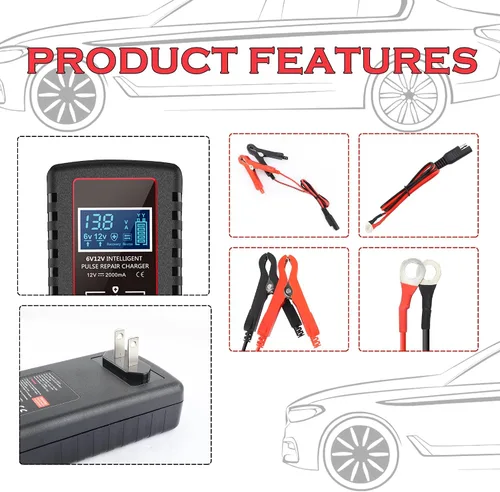 Vista 3 de Cargador de goteo para batería de coche de 12 V/6 V, cargador de batería automático inteligente para motocicleta con cable SAE, mantenedor