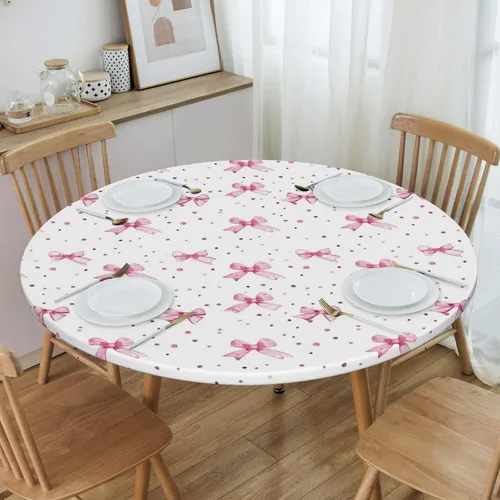 Vista 4 de Delerain Pink Bows - Mantel redondo ajustable, mantel redondo impermeable con bordes elásticos, lavable, para interiores y exteriores, se adapta a