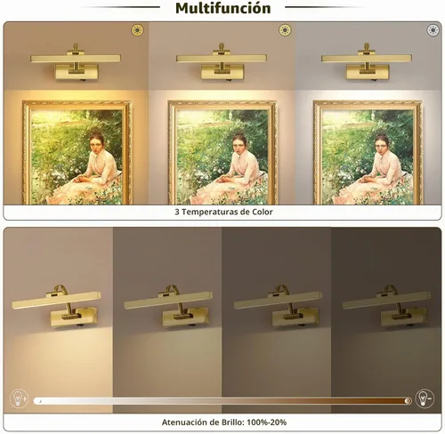Vista 2 de DESOOP Luces de imagen para pared, funciona con pilas, iluminación artística de latón inalámbrica para pinturas, luces recargables de galería