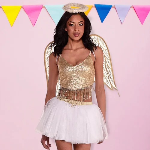 Vista 2 de Disfraz blanco y dorado "Heaven On Earth" para mujer (talla L 10-12), traje lujoso y cómodo perfecto para Halloween, fiestas y cosplay, 1 juego