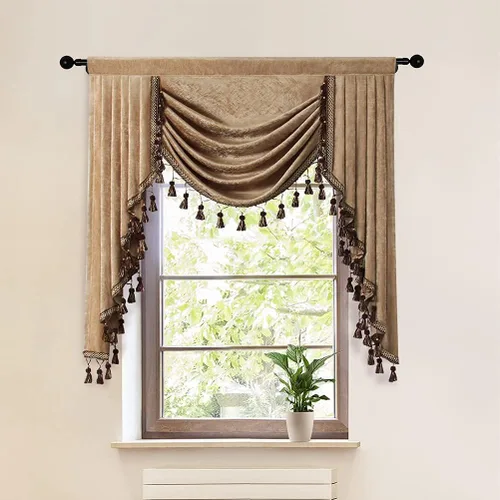 Vista 70 de ELKCA Cenefa de cortina de felpilla beige para ventana de sala de estar, cenefa de cascada para dormitorio, bolsillo para barra