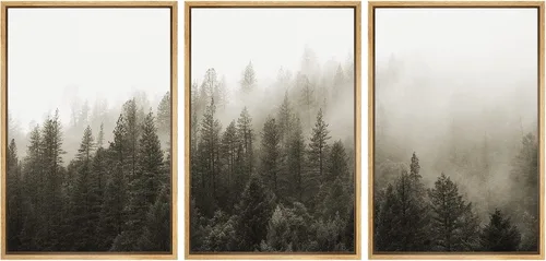 Vista 27 de SIGNWIN Lienzo enmarcado para pared, juego de decoración de guardería de bosques, niebla y niebla sobre bosque de montaña oscura, naturaleza, arte