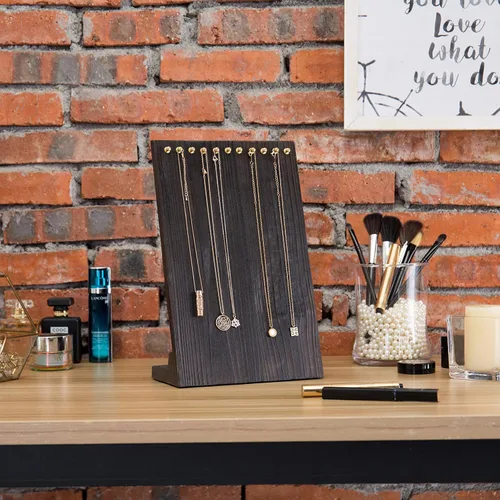Vista 2 de MyGift Soporte para múltiples collares de madera maciza marrón rústico de 12 pulgadas, soporte de joyería independiente con 11 ganchos de clavija