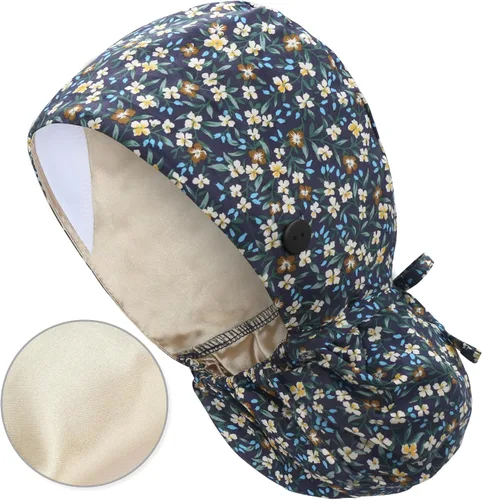 Vista 42 de QBA Gorra de trabajo ajustable con botón, gorro forrado de satén, gorro de trabajo de algodón, banda elástica para atar en la espalda, unisex