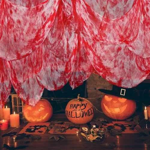 Vista 5 de Whaline Tela de gasa espeluznante roja de Halloween de 276 x 87 pulgadas, decoración de Halloween para casas embrujadas, suministros de fiesta