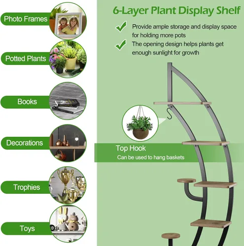 Vista 3 de Giantex Soporte de metal de 6 niveles para plantas de interior, estante de media luna de 61 pulgadas con colgador y dispositivo anticaído, soporte