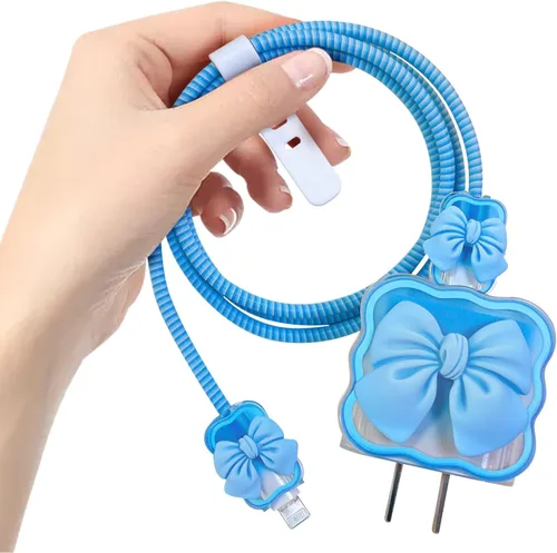 Vista 9 de CameCosy - Protector de cable de teléfono Kawaii para iPhone de 18 W/20 W, cargador USB-C con diseño de ondas de lazo 3D, funda protectora de Negro