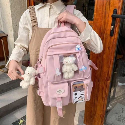 Vista 6 de MARINASUKA Mochila kawaii preciosa mochila pastel con pin Kawaii y accesorios estéticos para estudiantes adolescentes y niñas, Rosado, Mochila