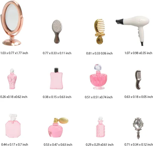 Vista 2 de Kit de accesorios de baño en miniatura a escala 1/12, mini cepillo de plástico para secador de pelo, peine de espejo, botellas de perfume