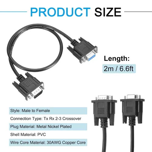 Vista 2 de MECCANIXITY Cable serie DB9 RS232 de 6.6 pies macho a hembra, cable de extensión cruzado 2-3 para comunicación de datos, color negro