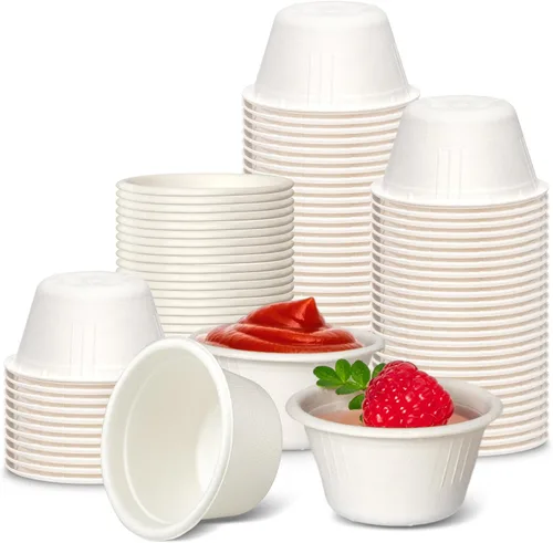 Vista 8 de Fit Meal Prep [Paquete de 100] Vasos desechables compostables para condimentos y muestras de 2 onzas, tazas biodegradables de fibra de bagazo