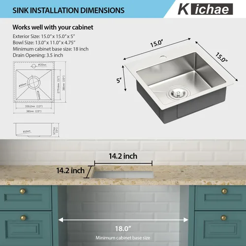 Vista 5 de Kichae Fregadero de 15 pulgadas para RV - Fregadero de barra de 15 x 15 x 5, fregadero de cocina pequeño, sobremontado, de montaje superior