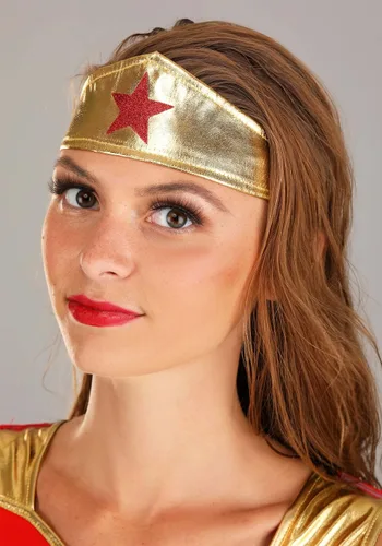 Vista 6 de Fun Costumes Disfraz de Mujer Maravilla con capa para mujer, traje de superhéroe rojo, blanco y azul con capa y accesorio de corona para Halloween