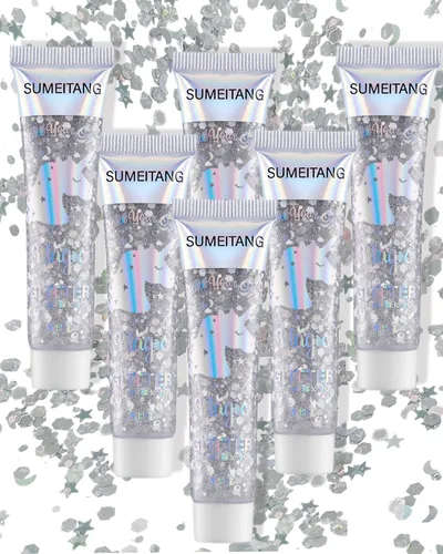 Vista 10 de Gel con purpurina para la cara y el cuerpo, 6 colores, con lentejuelas gruesas holográficas, pintura para fiestas, cantantes, conciertos, festivales