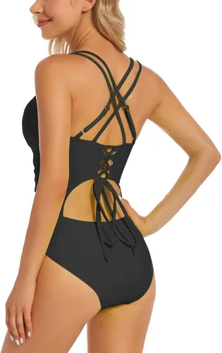 Vista 2 de Traje de baño de una pieza mejorado para mujer, trajes de baño con control de abdomen, diseño único sexy con espalda cruzada, traje de baño fruncido