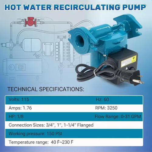 Vista 3 de 0011-F4 Hot Water Circulator Pump 1/8 HP 115V Compatible with Taco