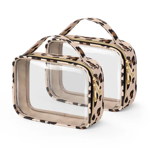 Vista 9 de Bolsa de aseo transparente Wedama, paquete de 2 bolsas de maquillaje transparentes con asas, bolsas cosméticas de PVC para mujeres y hombres, bolsas
