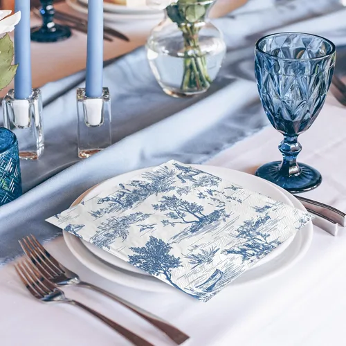 Vista 7 de AnyDesign 80 servilletas de papel azul y blanco clásicas con estampado de pueblo francés, servilletas desechables rústicas decorativas para cena