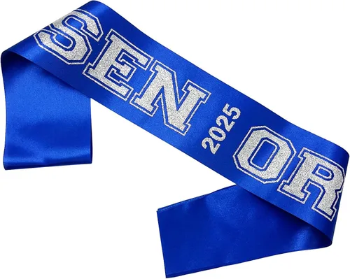 Vista 4 de Senior Sash 2025, bandas azules, paquete de 10 con letras plateadas con purpurina, bandas para celebraciones de graduación de clase 2025