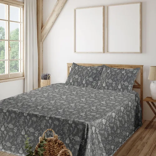 Vista 33 de Ambesonne Juego de sábanas vintage, diseño de curvas de inspiración victoriana, estampado de hojas y flores, sábana bajera y encimera con fundas