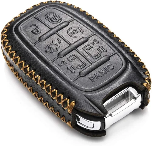 Vista 3 de Vitodeco Funda protectora de cuero genuino para llavero inteligente con clip de cuero compatible con Chrysler Pacifica 2017 - 2026 (7 botones, negro)
