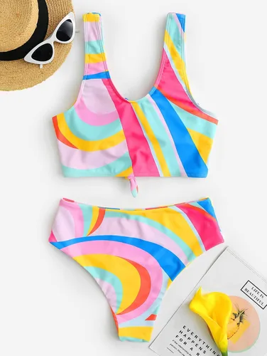 Vista 5 de ZAFUL - Traje de baño estilo bikini de dos piezas con cuello redondo y tiro alto para mujer