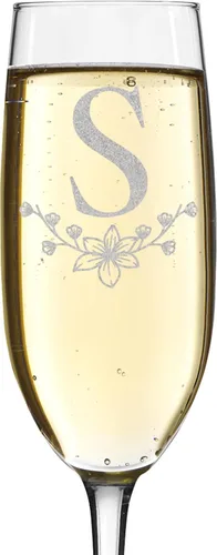 Vista 30 de shop4ever Monograma de letra floral de flauta de champán grabado con láser, 8 oz (L)
