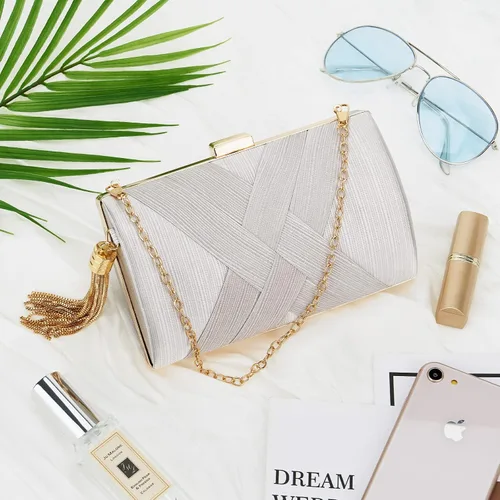 Vista 5 de Bolso de mano para mujer, bolso de noche con flecos, bolso de mano para mujer, bolso de mano de boda, bolso de mano con cadena, bolso cruzado
