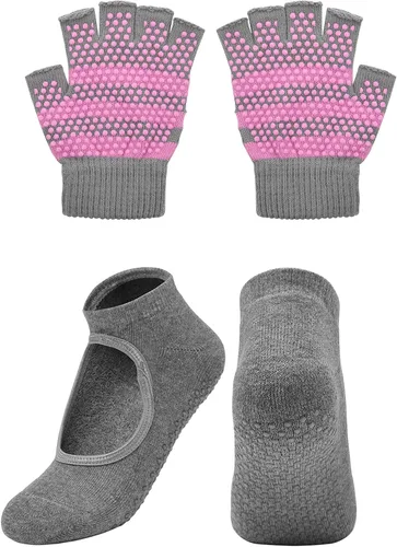 Vista 6 de Cosmos Juego de guantes y calcetines de yoga antideslizantes para mujer, juego de calcetines y guantes de pilates para mujer, barra, ballet, bikram