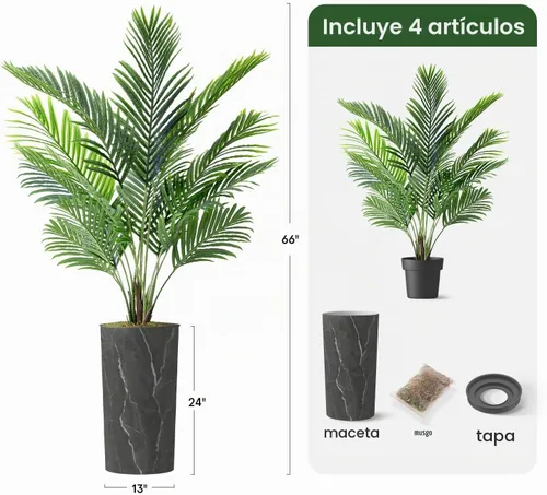 Vista 3 de Árbol artificial con efecto de granito moderno, palmera tropical areca artificial de seda para decoración del hogar en interiores y exteriores