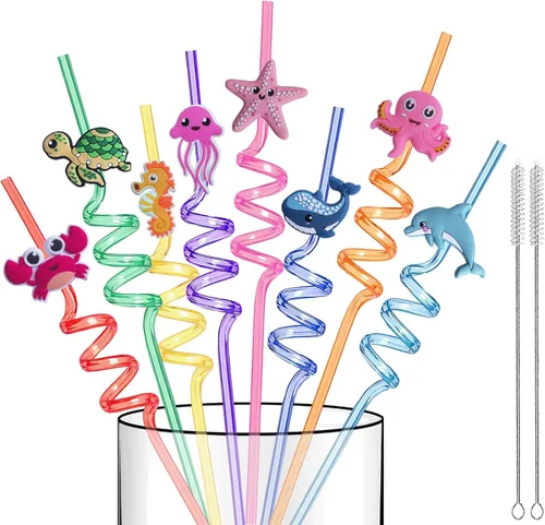 Vista 9 de Suministros reutilizables para fiesta de cumpleaños con tema de construcción - 16 piezas de pajitas de plástico para beber con temática
