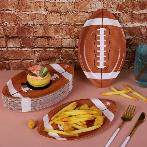 Vista 4 de ADXCO 50 platos de papel con forma de fútbol, suministros para fiestas de fútbol para decoración de cumpleaños, juegos deportivos, 9.4 x 5.9 pulgadas