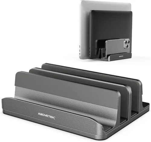 Vista 10 de Soporte vertical para portátil AboveTEK, soporte de escritorio de aluminio con 3 ranuras y base ajustable para tableta, MacBook, teléfono - Ajuste