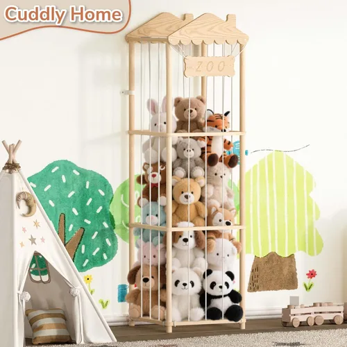 Vista 7 de AMBIRD Almacenamiento de animales de peluche, soporte de madera para zoológico, organizadores de juguetes grandes para niños, almacenamiento
