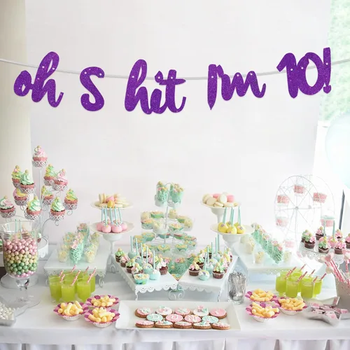 Vista 6 de Oh S*it I'm 10! - Pancarta de fondo con purpurina morada Hello 10 Cheers to 10 años de edad, decoración temática para niños y niñas, suministros