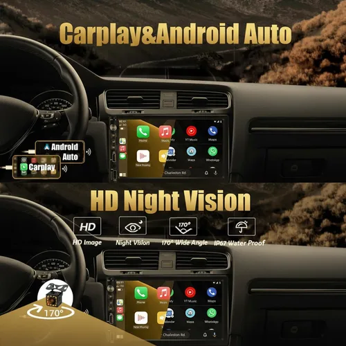 Vista 2 de Estéreo de coche doble DIN con pantalla táctil IPS HD de 7 pulgadas, compatible con Apple Carplay y Android Auto, cámara trasera gran angular