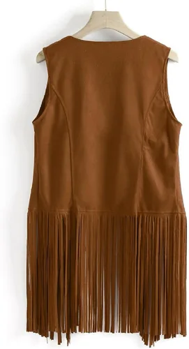 Vista 3 de Womens Tassel Vest 70s Hippie Faux Suede Sleeveless Fringe Jacket Vintage Open Front Cardigan Waistcoat Outwear Tops