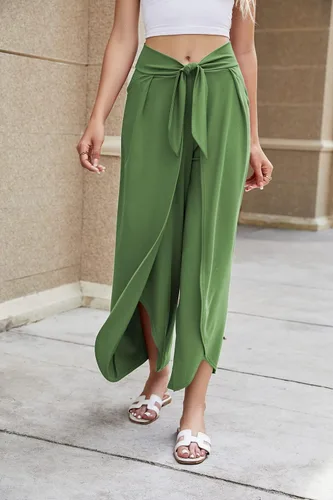 Vista 2 de Allimy Pantalones casuales de cintura alta Palazzo con piernas anchas para mujer, pantalones cruzados suaves con lazo frontal