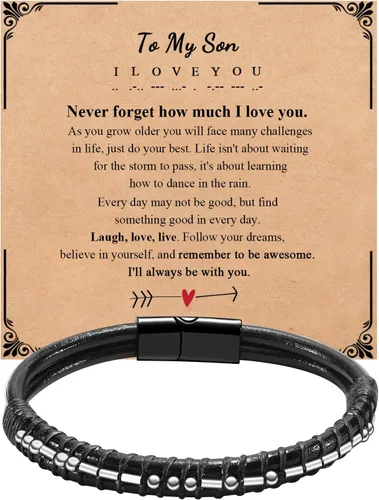 Vista 9 de Pulseras para hombre con código morse para hombre, pulsera de cuero con texto en inglés «I Love You», regalo de joyería para hombre y hombre