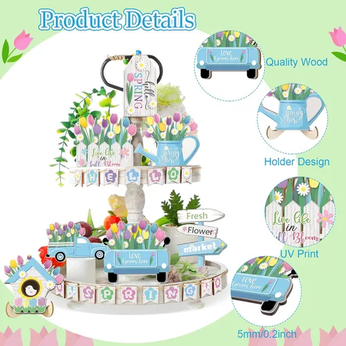 Vista 4 de Bucherry Hello Spring - Bandeja escalonada para decoración de tulipanes, letrero de madera, decoración de mercado de flores, decoración rústica