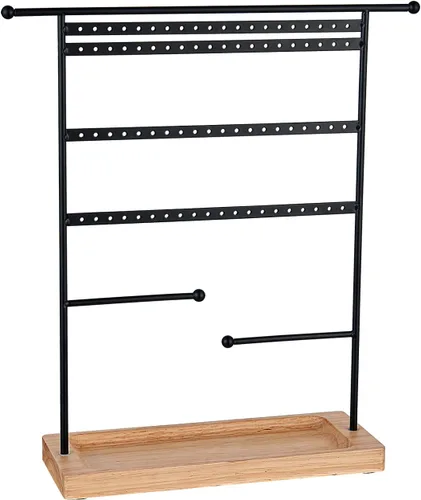 Vista 5 de Bielebbi Organizador de aretes, soporte para pendientes y soporte para joyas con soporte para collar de 4 niveles, bandeja de madera adecuada